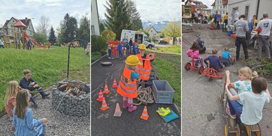 Impressionen der Spielplatz-Eröffnung: (v.l.) Schlangenbrot-Bräteln, kleine Baumeister im Einsatz sowie Spiel und Spass auf lustigen Gefährten.