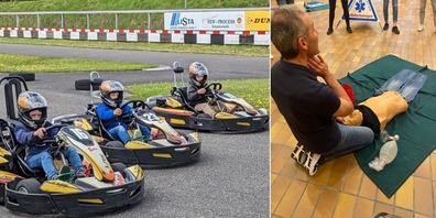 Nachmittags waren die Kinder auf der Go-Kart-Bahn (l.) unterwegs, abends besuchten die Erwachsenen einen Nothelferkurs.