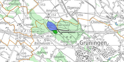 Vom gesamten Wald «Tägernauerholz» würde der blau eingezeichnete Teilbereich etappenweise für die geplante Deponie genutzt – und auch wieder aufgeforstet. In Grün: Die Wildtierüberführung.