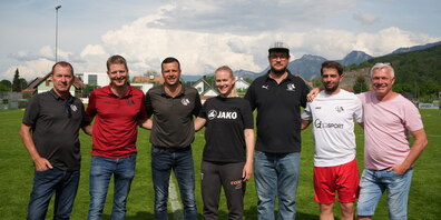 Von links: Norbert Pfister (Sportchef), Dominik Sieber (Präsident), Thomas Koller (Cheftrainer), Kerstin Tiziani-Dietsche (Physio), Martin Baumgartner (Vize Präsident), Valdet Istrefi (Co-Trainer) und Erik Regtop (Sportliche Leitung)