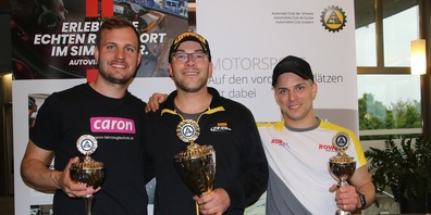 Lukas Eugster, Rekordtagessieger Philip Egli und Joel Burgermeister (von links) bildeten das Gesamtpodium der 23. ACS Autorenntage Frauenfeld.