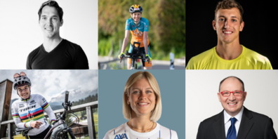 Von links nach rechts: Carlo Janka(Olympiasieger&Weltmeister), Nicole Reist(Beste Ultracyclerin der Welt), Simon Ehammer(Zehnkampf-star), Nicole Göldi(E-MTB Weltmeisterin), Nadine Riesen(Fussball Nati-Spielerin), Beni Thurnheer(Moderator)