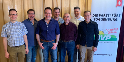 v.l.n.r.: Gabriel Baal (Kassier), Alt-Nationalrat Toni Brunner, Nationalrat Michael Graber, Pascal Huser (Beisitzer), Hansueli Hofer (Präsident SVP Wattwil), Thomas Bösch (Präsident SVP Toggenburg) und Lukas Huber (Aktuar).