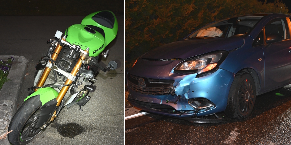 Bei der Kollision dieses Motorrads (l.) mit diesem Auto entstand Sachschaden von über 20'000 Franken.