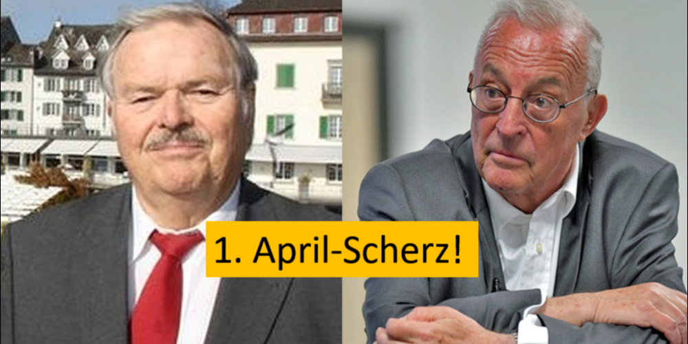 Alt Regierungsrat Hans Ulrich  Stöckling (links) und Somedia-Verleger Hanspeter Lebrument kaufen Linth24 nicht - es war ein 1.-April-Scherz.
