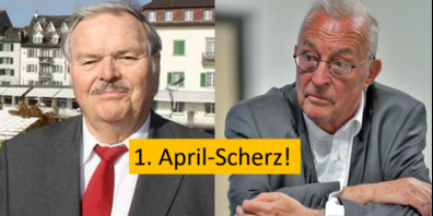Alt Regierungsrat Hans Ulrich  Stöckling (links) und Somedia-Verleger Hanspeter Lebrument kaufen Linth24 nicht - es war ein 1.-April-Scherz.