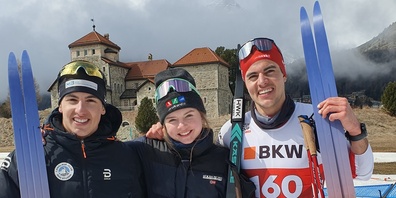 Einsiedler Medaillen-Trio Sprint (v.l.n.r.): Silvan Durrer (3. Rang U20), Lena Baumann (2. & 3. Rang U18) und Roman Schaad (3. Rang Herren).