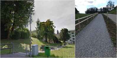 Warum soll der Fussweg zwischen der Grüt- und Tägernaustrasse (l.) nicht wie das Beispiel oben am Lenggis mit 2 m werden (r.)?