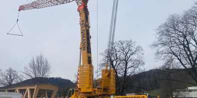  Am 11. April wird die rund 50 Tonnen schwere Holzkonstruktion mit zwei Mobilkränen auf die beiden Widerlager in den Uferböschungen eingehoben. Ab dem 26. April ist der Steg offen.