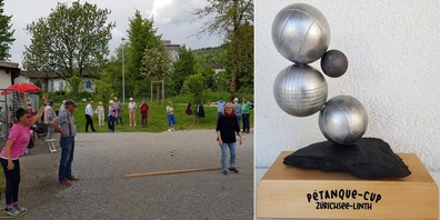 Ob mit oder ohne Pétanque-Erfahrung – alle über 60-Jährigen können um den Wanderpokal (r.) spielen.