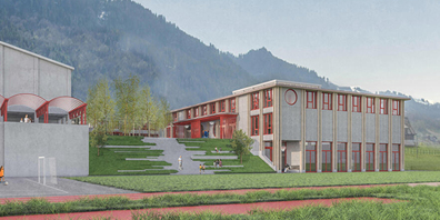 Visualisierung der geplanten Schulbauten (inkl. Turnhalle) in Schübelbach.
