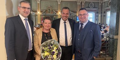 V.l.n.r.: Fraktionspräsident Christian Lippuner, Kantonsrätin und Erste Stimmenzählerin Ruth Keller Gätzi, Kantonsrat und ehem. Kantonsratspräsident Jens Jäger, Kantonsrat und Parteipräsident Raphael Frei.