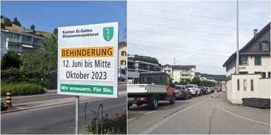 Informations-Tafel beim Spar Kreisel (l.). Es kommt zu Rückstau bei der Kreuzung Säntisstrasse (Aufgenommen am 22. Juni 2023).