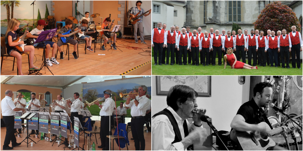 Programm KW27 (oben, v.l.n.r.): Reg. Ensemble-Konzert Musikschulen See & Gaster und Chorgemeinschaft Schänis-Benken, (unten, v.l.n.r.): Goldbergmusikanten Schmerikon und TOM (Gebert) & JOE (Ott) feat. MICHELE Laudenbach.