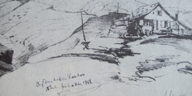 Die vor 150 Jahren entstandene Zeichnung zeigt die einfache Berghütte auf dem Hohen Kasten.