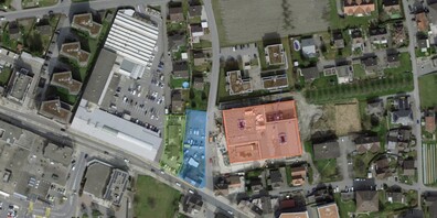 grün: Liegenschaft Carrosserie Leopold / blau: Liegenschaften bereits im Eigentum  der politischen Gemeinde Widnau / rot: neues Zentrum Zehntfeld.