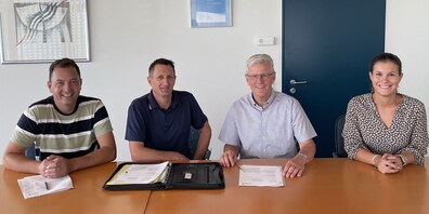Amtsübergabe Gemeindepräsidium mit Peter Moos, Gemeindepräsident-Stv., Hans Städler, Karl Brändle und Mirjam Wagner, Ratsschreiberin (v.l.n.r.)