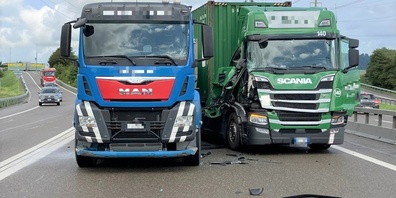 Der Fahrer des grünen Sattelschleppers merkte zu spät, dass der andere Lastwagen bremste, und kollidierte trotz Ausweichmanöver.