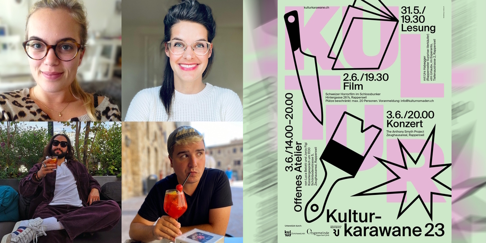 Die Kulturnomaden (v.l.o.n.r.u.) Sarah Parrini, Laura Verbeke, Patrice Robin und Aaron Keller präsentieren die Kulturkarawane 23.