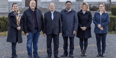 Die Vorstandsmitglieder des Bauordens: vl. Magdalena Mattle (Redaktion Liebe baut), Michael Weder (Finanzen), Martin Frei (Präsident), Pfarrer Dr. Georg Changeth (priesterlicher Berater), Ruth Gschwend (Aktuarin), Cornelia Gschwend (Sekretariat), es fehlt Patrick Benz (Beisitzer)