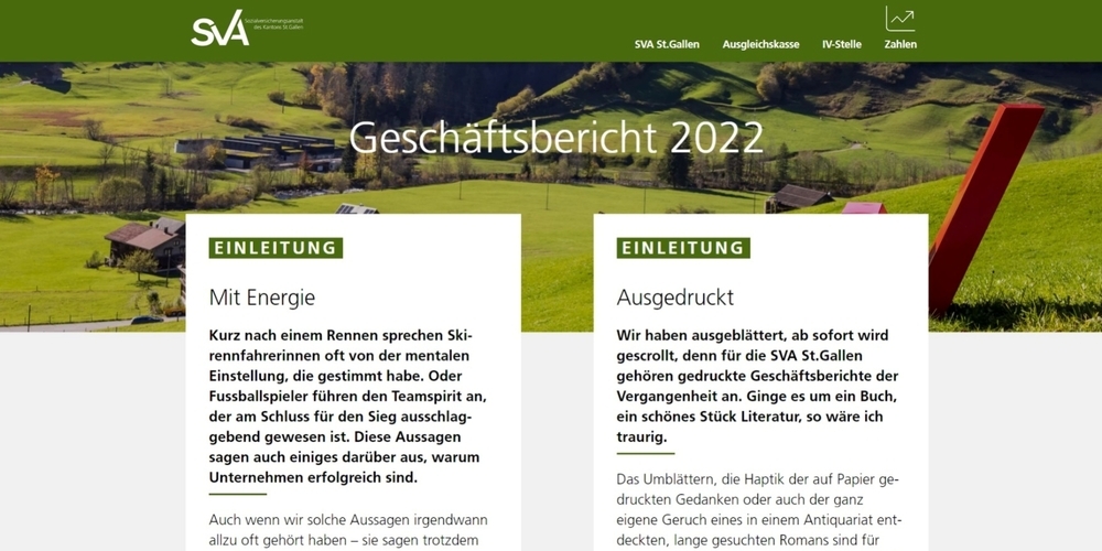 Die neue interaktive Webseite für den SVA-Geschäftsbericht hebt sich durch ihr eigenständiges Design ab.