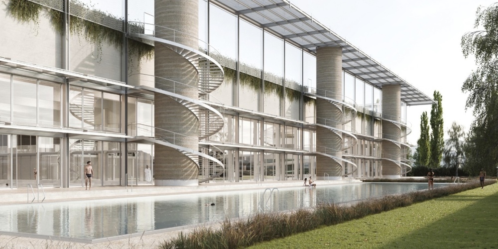 Eine Visualisierung des Aussenbereichs Sommerbad Sportzentrum Oerlikon.