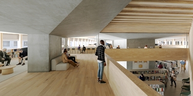 Visualisierung des künftigen Erwachsenenbereichs der geplanten Bibliothek für die Bevölkerung von Kanton und Stadt.