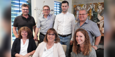 Vorstand von Gewerbe Uznach: (h., v.l.n.r.): Martin Larcher, Mario Grob, David Wagner, Reto Hofstetter, (v., v.l.n.r.) Monika Böckmann, Regula Löffel und Tamara Oberholzer.