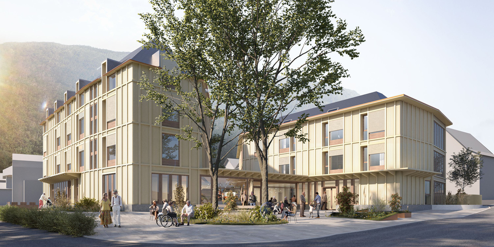 Die zwei Hauptgebäude des neuen Alterszentrum Schübelbach bieten Platz für rund 40 Bewohnerzimmer, neun Altersstudios und sechs Alterswohnungen.