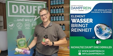 Stefan Urscheler mit "Druff", dem revolutionären Reinigungsmittel "ohne schlechtes Gewissen".