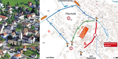 Die geplanten Umleitungen (r.) während des Deckbelag-Einbaus an der Oberdorfstrasse in Schänis.