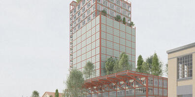 So soll das Hochhaus für Wache West und Stadtarchiv auf dem ehemaligen Centravo-Areal beim Schlachthof in Zürich aussehen. (Visualisierung)