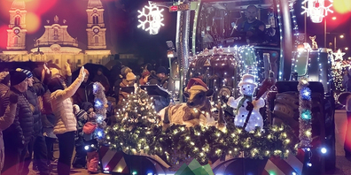 In etwa so könnte es aussehen, wenn die geschmückten Traktoren der Aktion «Landwirtschaft verzaubert – Bauern sagen danke» am Sonntag, 3. Dezember, durch das abendliche Einsiedeln defilieren. Bildmontage zvg