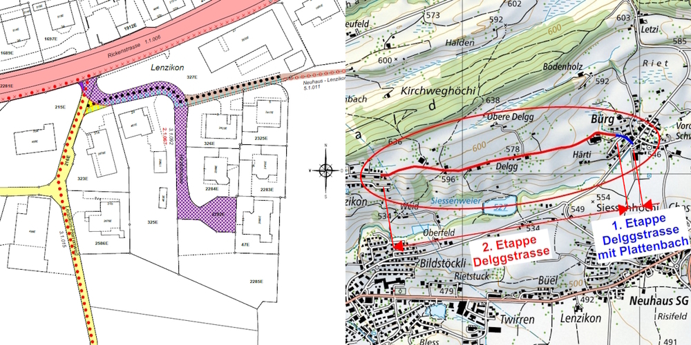 Ausschnitte aus dem Teilstrassenplan Hirzlistrasse (l.) und dem Übersichtsplan zur Sanierung der Delggstrasse. Die Mitwirkung läuft bis 1. Oktober 2023.