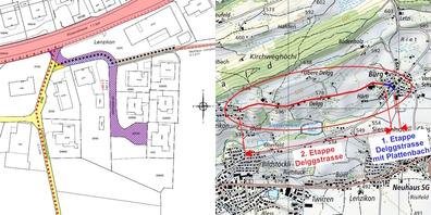 Ausschnitte aus dem Teilstrassenplan Hirzlistrasse (l.) und dem Übersichtsplan zur Sanierung der Delggstrasse. Die Mitwirkung läuft bis 1. Oktober 2023.