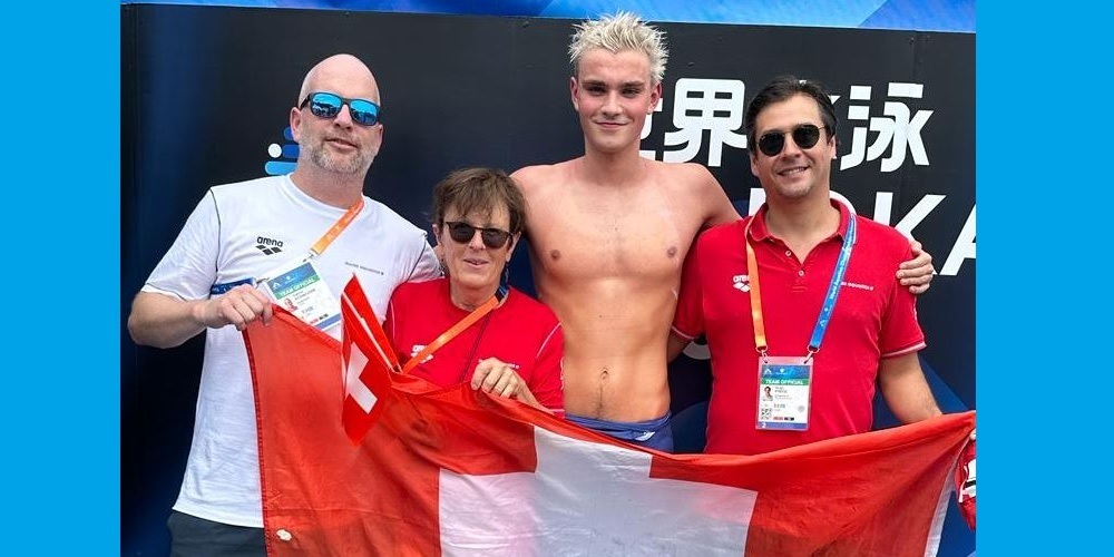 V.l.n.r.: Coach Gabriel Schneider, Nationaltrainerin Elena Nembrini, Christian Schreiber und Head Physo Hugo Cabaco Pinto.