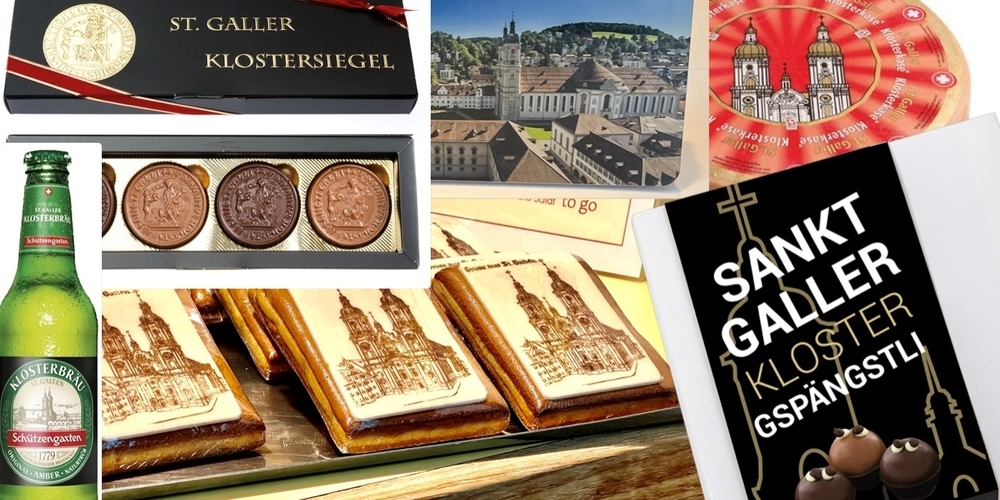 Eine Auswahl an Produkten und ihren Verpackungen, bei denen mit den Kathedraltürmen oder dem Hinweis «Kloster» geworben wird.