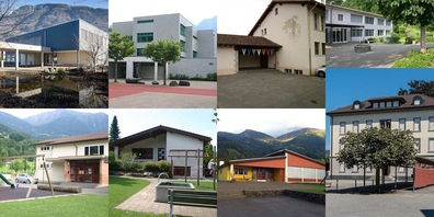 Acht Schulhäuser und Kindergärten in Schänis. Dem Schulhaus Rufi (obere Reihe 3.v.l.) droht das Aus.