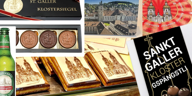Eine Auswahl an Produkten und ihren Verpackungen, bei denen mit den Kathedraltürmen oder dem Hinweis «Kloster» geworben wird.