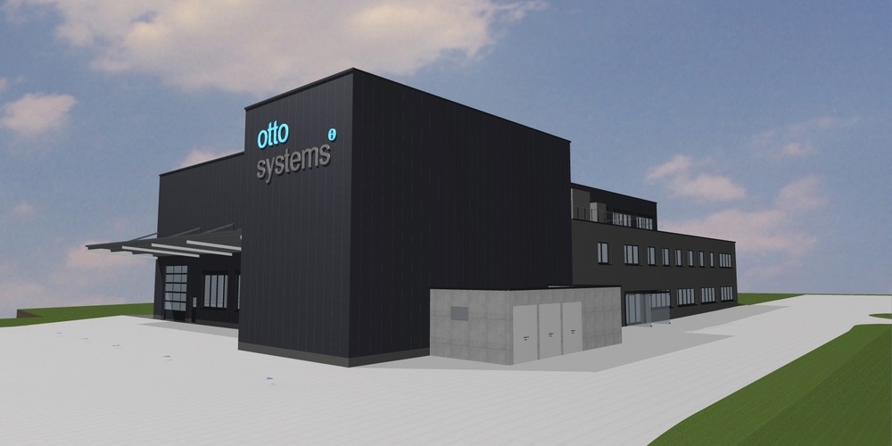 Ansicht des neuen Technikums der Otto Systems AG aus nordöstlicher Richtung. Gut sichtbar die Montagehalle mit dem angebauten Bürotrakt.