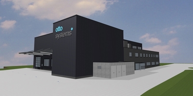 Ansicht des neuen Technikums der Otto Systems AG aus nordöstlicher Richtung. Gut sichtbar die Montagehalle mit dem angebauten Bürotrakt.