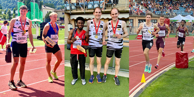 Die LCS-Athleten zeigten einen starken Auftritt an Schweizer Leichtathletikmeisterschaften in Bellinzona 2023 (von links im Zebra-Dress: Enrico Günter, Simon und Roman Sieber, Tim Hübscher). 