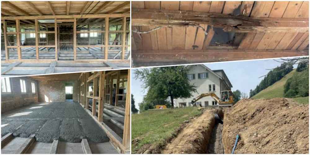 Während den Arbeiten kam ein alter Wasserschaden zum Vorschein (o.r.). Sämtliche Holzbalkenlagen wurden mit einem Leichtbeton verfüllt (u.l.) und die Kanalisationsleitungen werden ersetzt sowie an die Hauptleitung der Hintergoldingerstrasse angeschlossen (u.r.). 