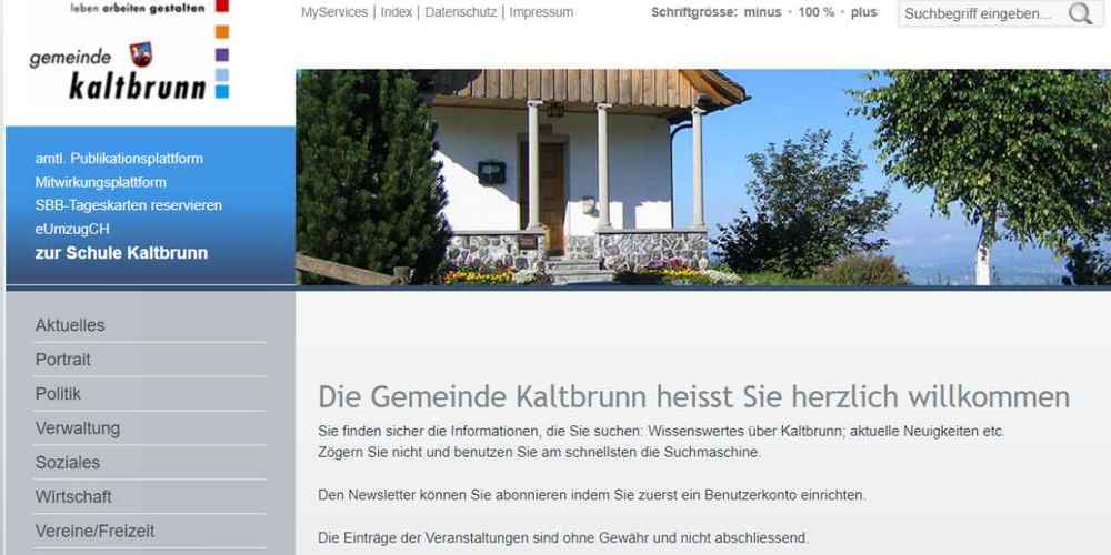 Kaltbrunn veröffentlicht Infos zur Bürgerversammlung seit diesem Jahr hauptsächlich digital auf der Gemeindehomepage (Ausschnitt der Startseite von www.kaltbrunn.ch).