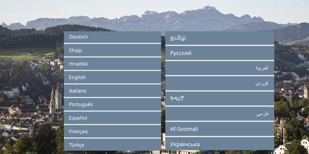 Das Menu der Webseite «Hallo Sankt Gallen» bitte eine Auswahl für den gesamten Inhalt in 17 Sprachen.