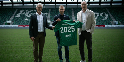 Marc Guion, Leiter Niederlassung St.Gallen Funk-Gruppe, Matthias Hüppi, Präsident FC St.Gallen 1879, und Viro de Martin, Senior Mandatsleiter Funk-Gruppe