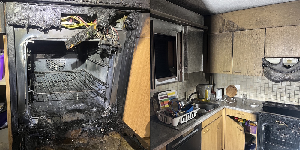Eine Entzündung eines Wärmekissens im Backofen (l.) steht als Brandursache im Vordergrund. Der Russ- und Rauchschaden ist fünfstellig.