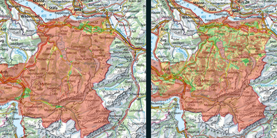 Links: Für Grundwasserwärmepumpen muss genügend Grundwasser vorhanden sein. Dies ist in Ausserschwyz teilweise der Fall. Rechts: Erdwärmesonden machen da wenig Sinn, wo es Wald, bestockte Flächen oder Karst (gelöster Stein) gibt. (Grafiken: WebGIS Kanton Schwyz)