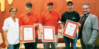 Sybille Marti, Präsidentin der Sortenorganisation Tilsiter Switzerland, Stephan Bühler von der Käserei Eggsteig, Roger Hug von der Tannzapfenland Käse AG, Matthias Künzle von der Bergkäserei Mühlrüti und Urs Hänni, Managing Director der Sortenorganisation Tilsiter Switzerland