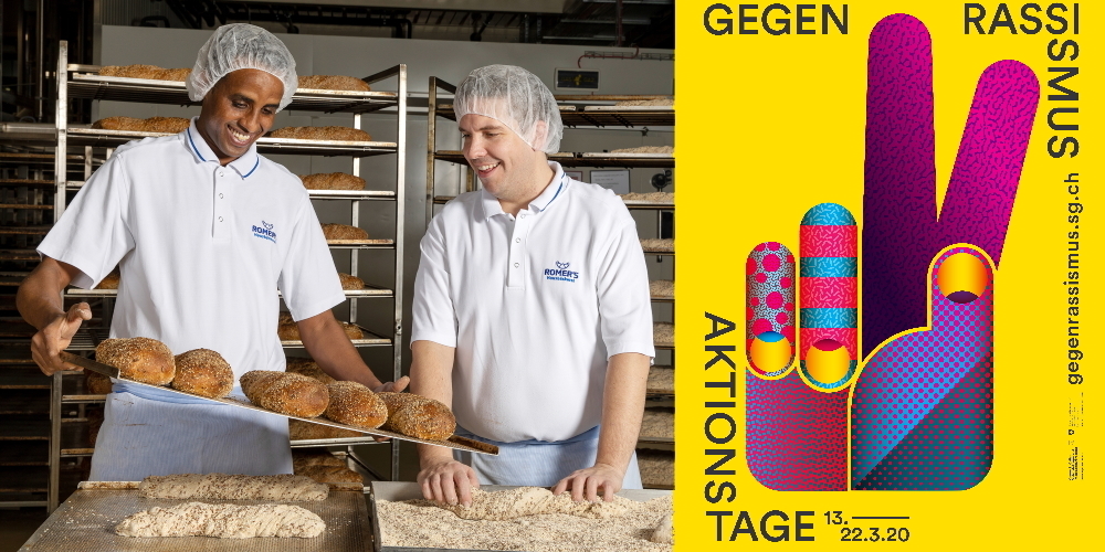 Tandemfoto-Porträt des Kunstvereins Oberer Zürichsee Leidenschaft und Bäckerstolz Huruy Gherezghiher, und Michael Winet arbeiten in Romer’s Hausbäckerei Benken. Foto: Stefan Hug